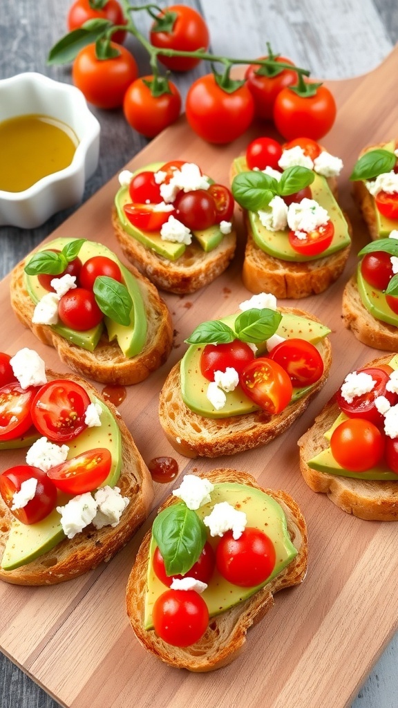 A variety of savory toast snacks with avocado, tomatoes, and feta cheese on a wooden platter.